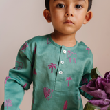 Chanderi Kurta Pyjama Set | Embroidered  Magical Jungle (Emerald)