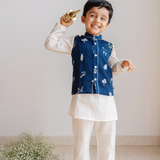 Chanderi Kurta Pyjama & Bandi Set | Embroidered Magical Jungle (Royal Blue)