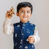 Chanderi Kurta Pyjama & Bandi Set | Embroidered Magical Jungle (Royal Blue)