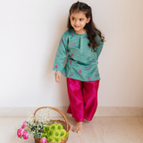 Chanderi Kurti Pant  Set | Embroidered Magical Jungle (Emerald) Girls