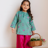 Chanderi Kurti Pant  Set | Embroidered Magical Jungle (Emerald) Girls