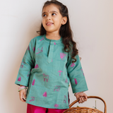 Chanderi Kurti Pant  Set | Embroidered Magical Jungle (Emerald) Girls