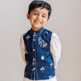 Chanderi Kurta Pyjama & Bandi Set | Embroidered Magical Jungle (Royal Blue)