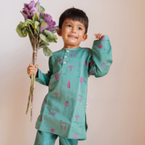 Chanderi Kurta Pyjama Set | Embroidered  Magical Jungle (Emerald)