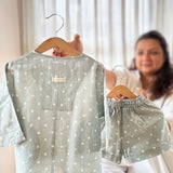 Shared secrets’ unisex full sleeve kimono cotton coord set in grey moon dust bandhani