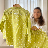 Kacchi Kairi lime green bandhani cotton unisex kurta shorts coord set