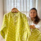 Kacchi Kairi lime green bandhani cotton unisex kurta shorts coord set