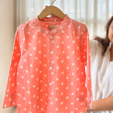 Barefoot Boy’ mandarin collar blush peach bandhani cotton full sleeve shirt