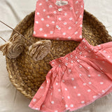 Shared secrets’ kimono cotton shirt and twirl skirt coord set in blush peach bandhani