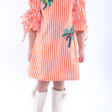 White and Orange Stripe Dress with Embroidered Tree