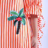 White and Orange Stripe Dress with Embroidered Tree