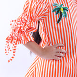 White and Orange Stripe Dress with Embroidered Tree