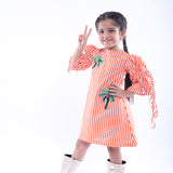 White and Orange Stripe Dress with Embroidered Tree