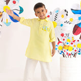 Yellow Kurta with Car Embroidered Motif and White Pyjama for Boys