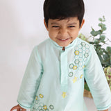 Blue Kurta with Bee Hive Embroidery with Off White Pyjama for Boys