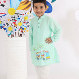 Mint Green Kurta with Embroidered Buses of India and Pyjama for Boys