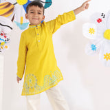 Yellow Kurta with Embroidered Carnival Scene and White Pyjama for Boys
