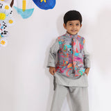 Gray Kurta with Colourful Printed Jacket and Gray Pyjama for Boys
