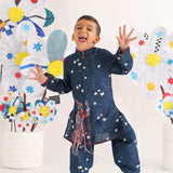 Blue Bandhani Print Silk Kurta with Fun Embroidered Joker and Blue Pyjama for Boys