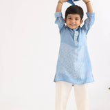 Blue Printed Silk Kurta with Embroidered Collar And Shoulders with White Pyjama for Boys