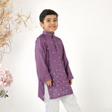 Beautiful Leather Sequence Embroidered Purple Silk Kurta with White Pyjama Set for Boys