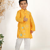 Kesar Embroidered Starry Night Silk Kurta with White Pyjama Set for Boys