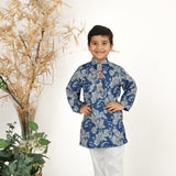 Stunning Blue Floral Embroidered Printed Muslin Kurta with White Pyjama Set for Boys