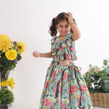 Blue Floral Top in Layered Frills With Lehenga in Printed Muslin for Girls