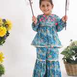 Dark Blue Floral Top with Floral Sequence Embroidery and Sharara in Printed Muslin for Girls