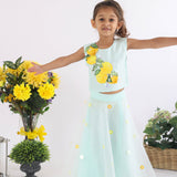 Green Silk Top with Cutwork Lemons and Sequence Embroidered with Embellished Organza Lehenga for Girls