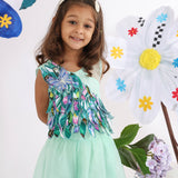 Mint Green Top with Printed Leaves Cutwork and Butterflies with Organza Palazzo for Girls