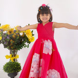Pink Organza Gown with Pleated Yoke 3D Floral Cutwork and Floral Embroidery for Girls