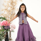 Purple Top with Attached Embroidered jacket and Cutwork Flowers and Silk Lehenga Set for Girls