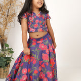 Purple Embroidered Printed Silk Top and Embroidered Lehenga Set for Girls