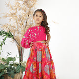 Pink Drape Embroidered Silk Top with Printed Organza Lehenga Set for Girls