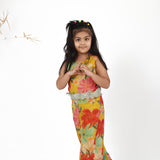 Beautiful Floral Printed Yellow Organza Jumpsuit with Butterfly Embroidered Belt for Girls