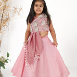 3d Embroidered Layered Top with Pink Drape and Pink Lehenga Set for Girls