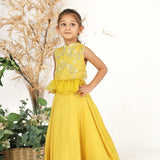 Yellow Embroidered Silk Top with Silk Lehenga Set for Girls