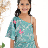 Stunning Printed Mint Green Embroidered Muslin Top with Garara Set for Girls