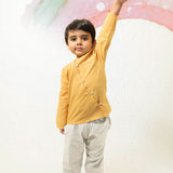 Rainbows LTWT classic chinese collar curved shirt in yellow handwoven cotton