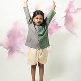 Holding Hands’ unisex kimono style baggy shirt in teal and grey handwoven cotton
