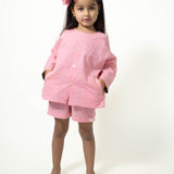 Shared secrets’ unisex full sleeve kimono shirt and shorts co-ord in peach pink handwoven cotton checks