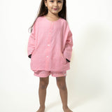 Shared secrets’ unisex full sleeve kimono shirt and shorts co-ord in peach pink handwoven cotton checks