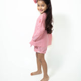 Shared secrets’ unisex full sleeve kimono shirt and shorts co-ord in peach pink handwoven cotton checks