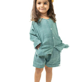 Shared secrets’ unisex full sleeve kimono shirt and shorts co-ord in teal handwoven cotton checks