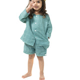 Shared secrets’ unisex full sleeve kimono shirt and shorts co-ord in teal handwoven cotton checks