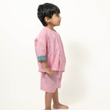 Shared secrets’ unisex full sleeve kimono shirt and shorts co-ord in peach pink handwoven cotton checks