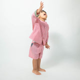Shared secrets’ unisex full sleeve kimono shirt and shorts co-ord in peach pink handwoven cotton checks