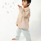 Dandelion wishes unisex kimono style baggy shirt in beige handwoven cotton checks