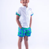 White Shirt with Blue Green Lemon Shorts